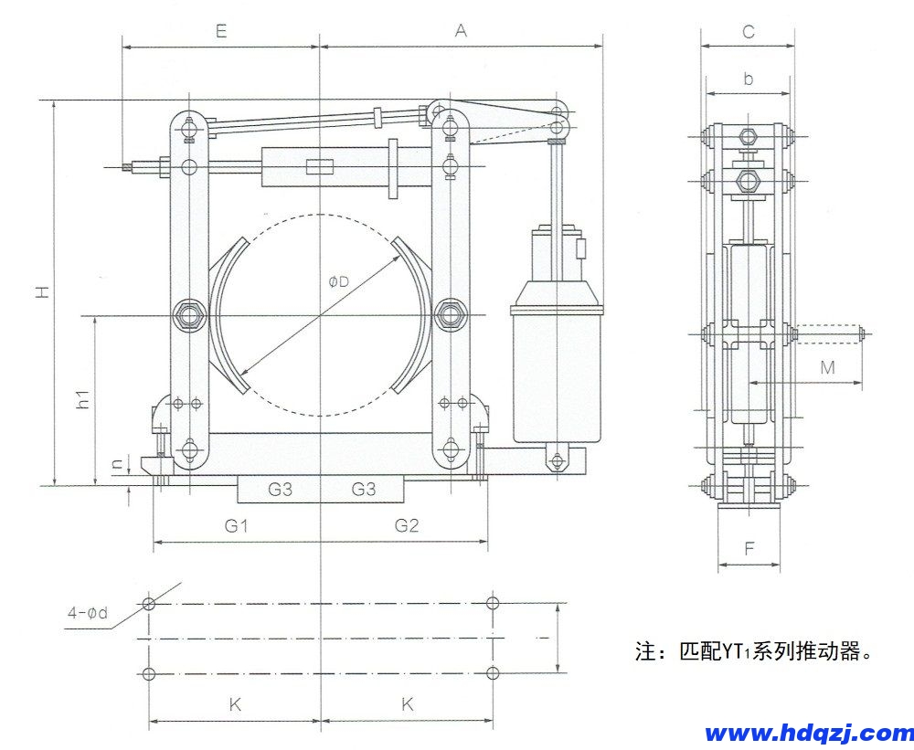 YWZ(B)電力液壓鼓式制動(dòng)器外形尺寸圖