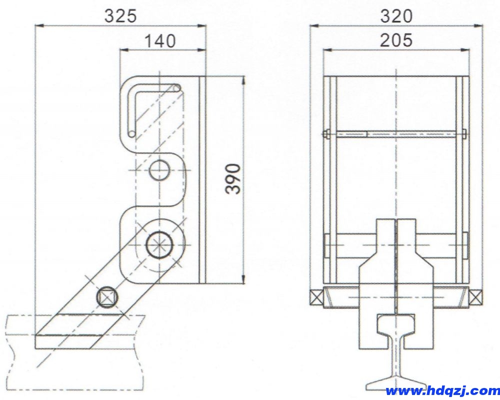 簡(jiǎn)易型翻板夾軌器外形結(jié)構(gòu)及主要尺寸圖