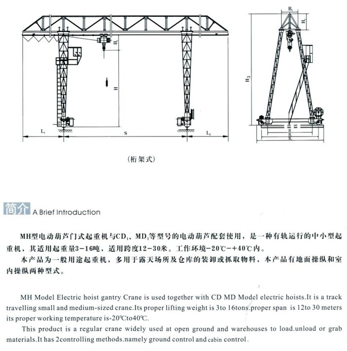 MH型3~20t電動葫蘆門式起重機（桁架式）